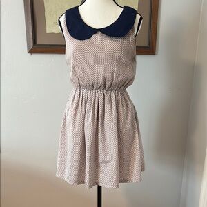 Beige and Blue Sleeveless Sundress with Peter Pan Collar